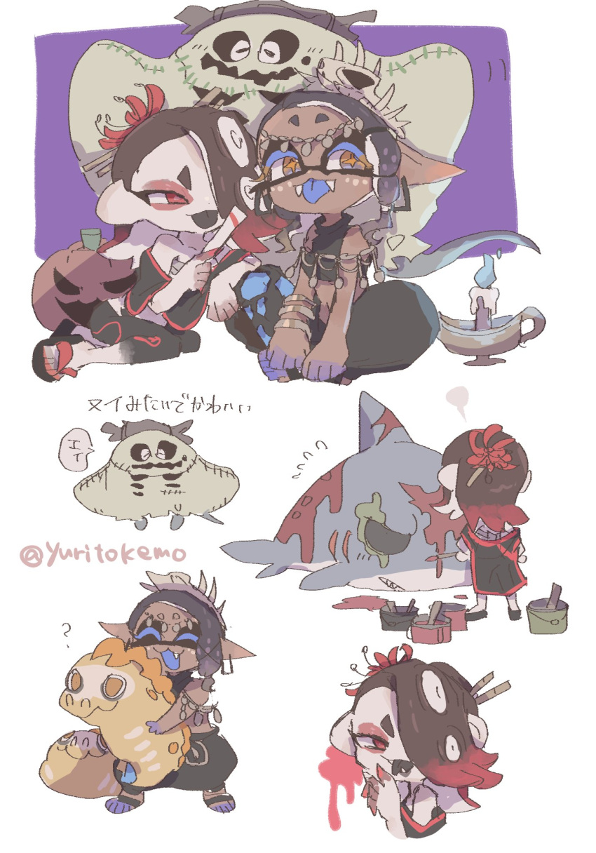 1boy 2girls ? ^_^ animal applying_makeup artist_name big_man_(splatoon) black_pants black_shawl black_shirt candle closed_eyes colored_eyelashes colored_tongue crop_top dark-skinned_female dark_skin eel eyeshadow facepaint fangs fish_skeleton flower flying_sweatdrops folded_fan folding_fan frye_(splatoon) ghost_costume hair_flower hair_ornament halloween halloween_costume hand_fan harem_pants highres holding holding_animal holding_fan jack-o'-lantern long_hair long_pointy_ears makeup manta_ray master_mega_(splatoon) medium_hair multiple_girls official_alternate_costume official_alternate_hair_color open_mouth pants pointy_ears red_eyeshadow shark shawl shirt shiver_(splatoon) sitting sleeveless sleeveless_shirt smile splatoon_(series) splatoon_3 tentacle_hair tiger_lily tongue tongue_out white_background yuritokemo