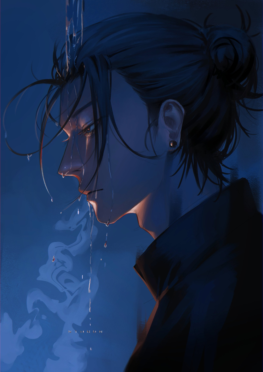 1boy absurdres black_jacket ear_piercing from_side getou_suguru hair_bun hair_pulled_back highres jacket jujutsu_kaisen nthndn piercing plug_(piercing) single_hair_bun solo water