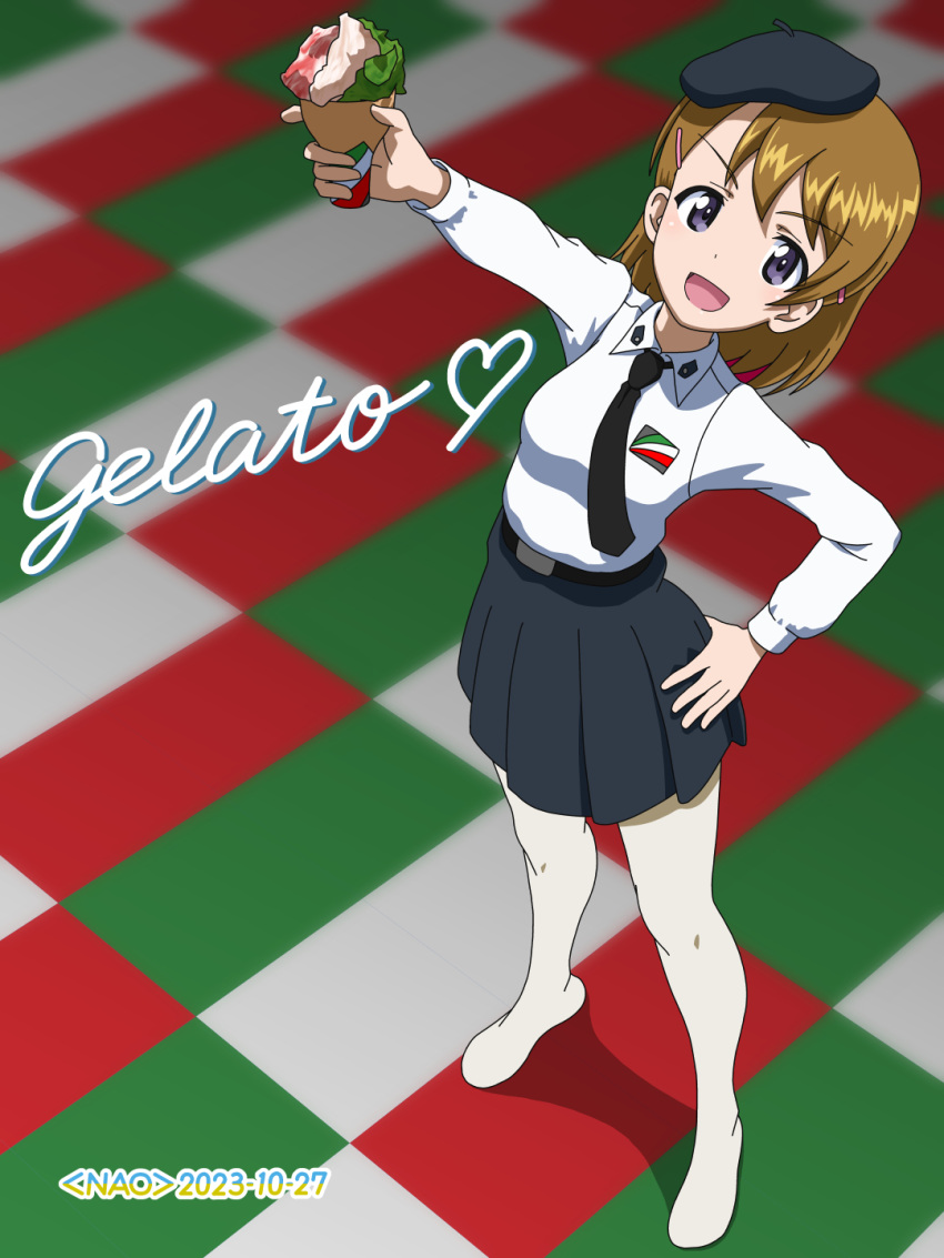1girl anzio_school_uniform arm_up artist_name belt beret black_belt black_headwear black_necktie black_skirt blue_eyes brown_hair character_name commentary commission cursive dated dress_shirt emblem english_commentary food full_body gelato_(food) gelato_(girls_und_panzer) girls_und_panzer hair_ornament hairclip hand_on_own_hip hat highres holding holding_food long_sleeves looking_at_viewer miniskirt mixed-language_commentary naotosi necktie no_shoes open_mouth pantyhose pixiv_commission pleated_skirt school_uniform shirt short_hair skirt smile solo standing white_pantyhose white_shirt wing_collar