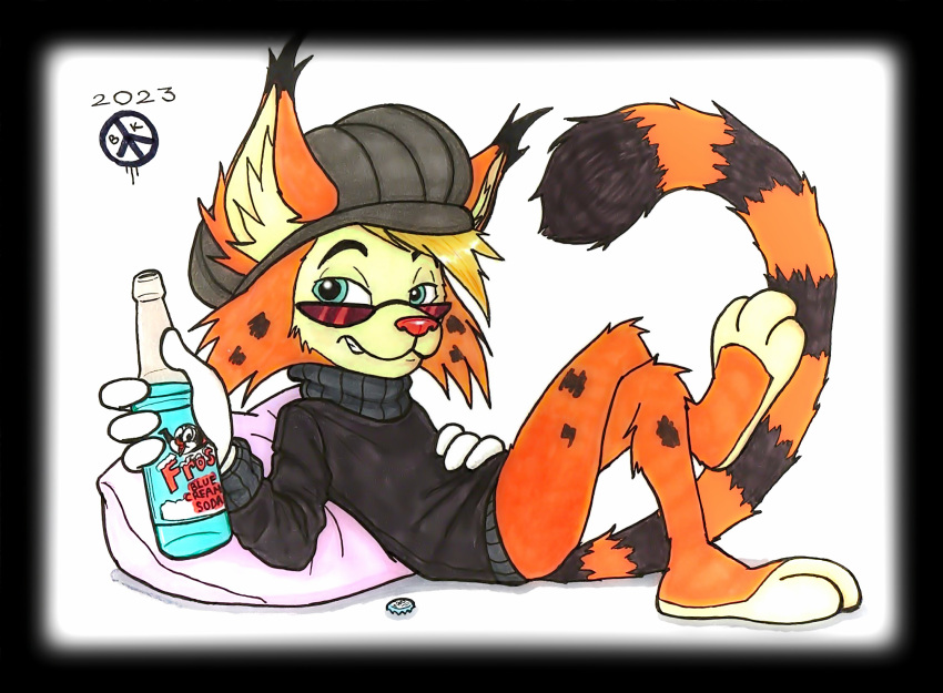 anthro bobcat bonkers_d._bobcat bradley_khonest caps clothed clothing felid feline hi_res lynx male mammal soda_bottle solo