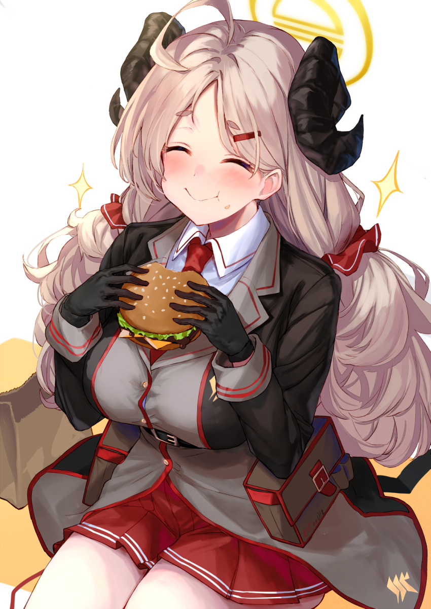 1girl ^_^ ahoge black_gloves blue_archive blush breasts burger closed_eyes eating food food_on_face gloves hair_ornament hair_scrunchie halo highres holding holding_food horns izumi_(blue_archive) large_breasts light_brown_hair long_hair necktie ninoude_(ninoude44) parted_bangs pleated_skirt red_necktie red_skirt scrunchie sheep_horns skirt smile solo sparkle very_long_hair