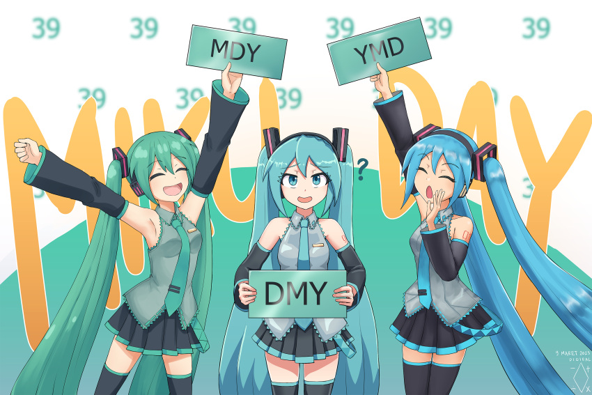 39 3girls :d ? armpits arms_up bangs blue_eyes closed_eyes collared_shirt detached_sleeves digiral green_hair hair_ornament hand_up hatsune_miku headphones highres holding holding_sign long_hair long_sleeves miku_day multiple_girls multiple_persona necktie open_mouth pleated_skirt shirt sign skirt sleeveless sleeveless_shirt smile thighhighs twintails very_long_hair vocaloid