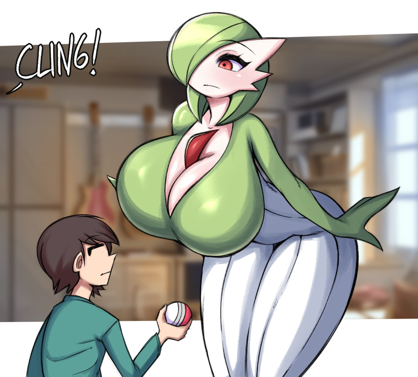 2023 big_breasts breasts clothed clothing duo english_text female gardevoir generation_3_pokemon green_body green_hair hair hi_res huge_breasts human larger_female male mammal nintendo not_furry pokeball pokemon pokemon_(species) saltyxodium size_difference smaller_human smaller_male text white_body