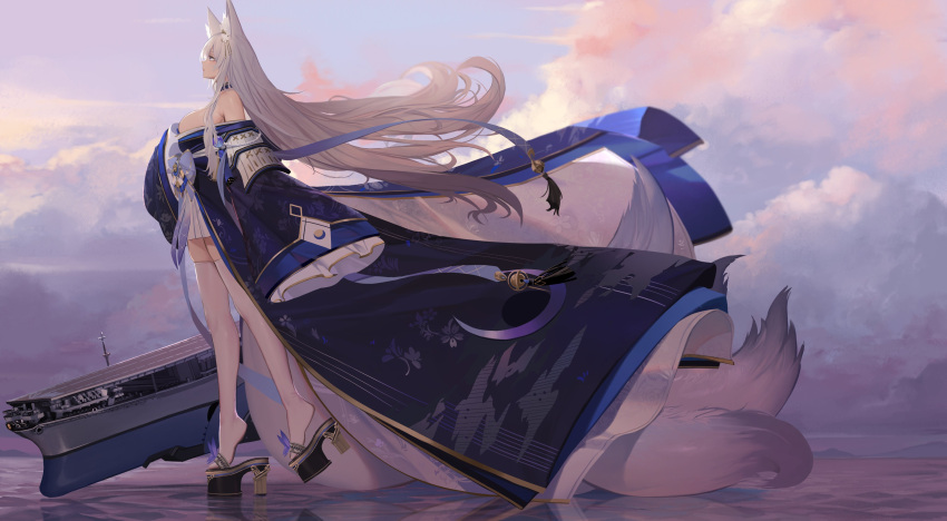 1girl absurdres animal_ear_fluff animal_ears artist_name azur_lane blue_kimono breasts cloud cloudy_sky commentary dishwasher1910 english_commentary english_text flight_deck fox_ears fox_girl fox_tail from_side highres huge_breasts japanese_clothes kimono kitsune kyuubi large_tail loading_screen long_hair military multiple_tails official_art purple_eyes rigging shinano_(azur_lane) sideboob skirt sky solo tail thighhighs very_long_hair walking walking_on_liquid white_hair white_skirt white_tail white_thighhighs wide_shot wind wind_lift