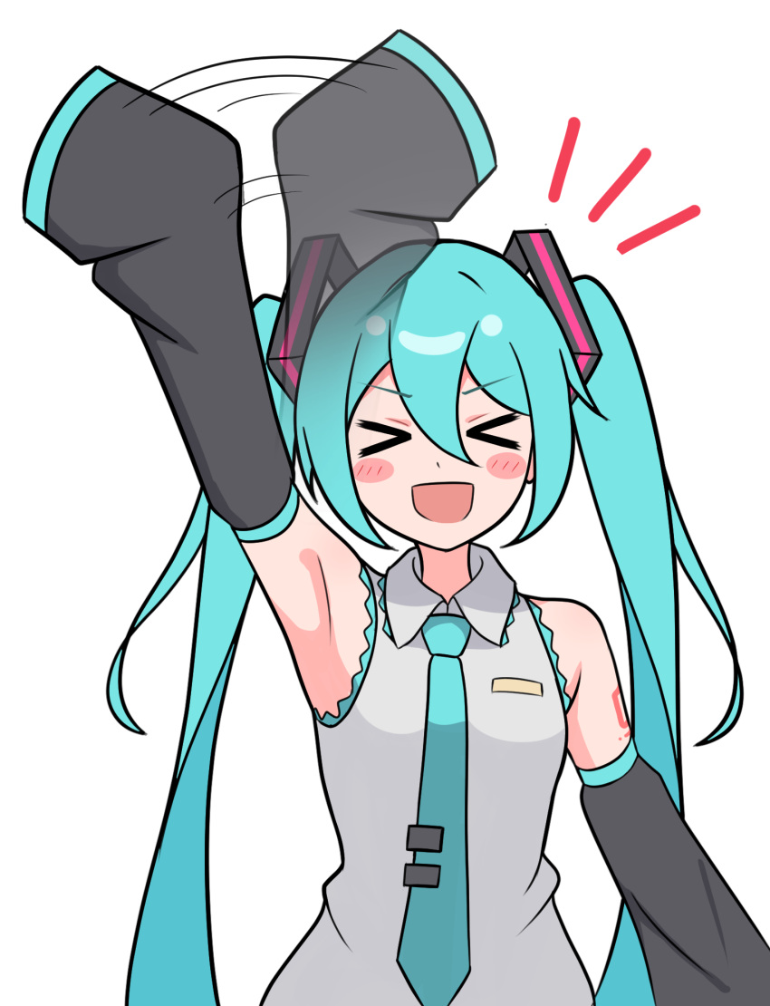 &gt;_&lt; 1girl :d afterimage aqua_hair arm_up armpits bare_shoulders black_sleeves blush blush_stickers closed_eyes collared_shirt commentary_request detached_sleeves facing_viewer hair_between_eyes hatsune_miku highres kumada_gaon long_hair looking_at_viewer motion_lines necktie notice_lines open_mouth shirt simple_background sleeves_past_fingers sleeves_past_wrists smile solo twintails upper_body very_long_hair vocaloid waving white_background white_shirt