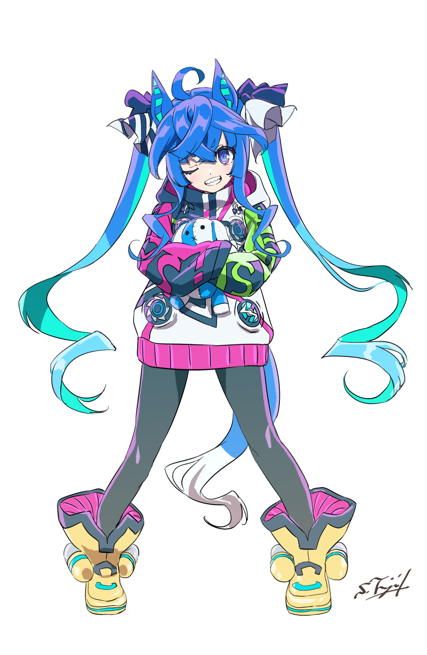 1girl @_@ absurdres ahoge animal_ears aqua_hair black_pantyhose blue_eyes blue_hair boots bow commentary_request crossed_arms crossed_bangs drawstring fujimoto_satoru full_body grin hair_bow highres hood hoodie horse_ears horse_girl horse_tail legs_apart long_hair long_sleeves looking_at_viewer multicolored_clothes multicolored_hair multicolored_hoodie one_eye_closed pantyhose sharp_teeth sidelocks signature simple_background smile solo standing straight-on striped striped_bow stuffed_animal stuffed_rabbit stuffed_toy tachi-e tail teeth twin_turbo_(umamusume) twintails umamusume very_long_hair white_background yellow_footwear