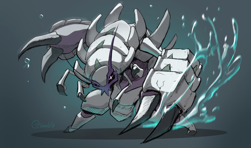 +_+ absurdres antennae aqua_background claws full_body golisopod grey_background highres looking_at_viewer motion_blur no_humans pokemon pokemon_(creature) scarvii simple_background solo spikes standing twitter_username two-tone_background water
