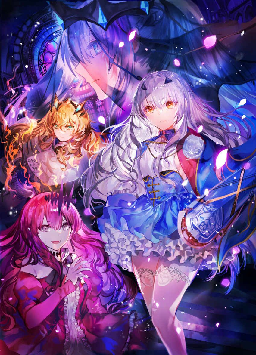 4girls absurdres aiguillette armor baobhan_sith_(fate) bare_shoulders barghest_(fate) barghest_(first_ascension)_(fate) blonde_hair blue_cape blue_dress blue_eyes braid breastplate breasts cape center_frills crown detached_sleeves dress earrings fate/grand_order fate_(series) fire flower forked_eyebrows french_braid frills green_eyes grey_eyes grey_hair highres horns jewelry large_breasts long_hair long_sleeves looking_at_viewer melusine_(fate) melusine_(second_ascension)_(fate) morgan_le_fay_(fate) morgan_le_fay_(queen_of_winter)_(fate) multiple_girls open_mouth pauldrons petals pink_hair pointy_ears ponytail red_dress rioka_(southern_blue_sky) shoulder_armor sidelocks small_breasts smile thighhighs thighs tiara veil very_long_hair weapon white_hair white_thighhighs yellow_eyes