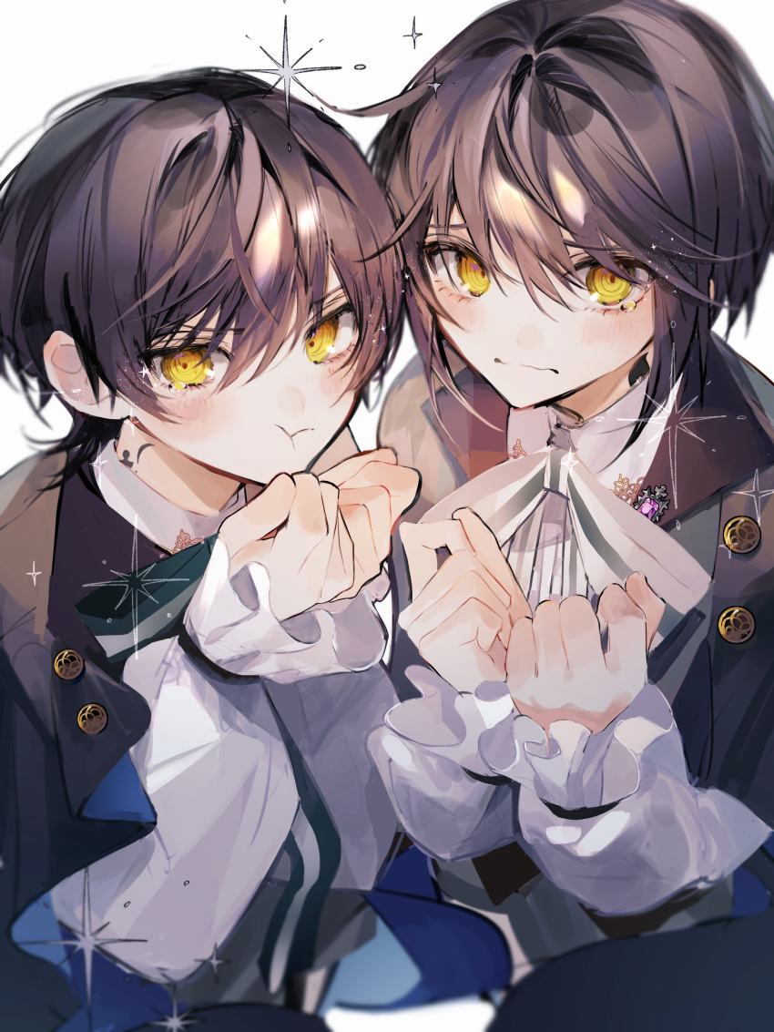 2boys absurdres black_hair black_jacket blush brothers brown_vest cape closed_mouth highres jacket long_sleeves mahoutsukai_no_yakusoku male_focus matching_outfit multiple_boys neck_tattoo orange_eyes shirt short_hair siblings snow_(mahoutsukai_no_yakusoku) tattoo twins u-sama_(u_summer0719) vest white_(mahoutsukai_no_yakusoku) white_background white_shirt