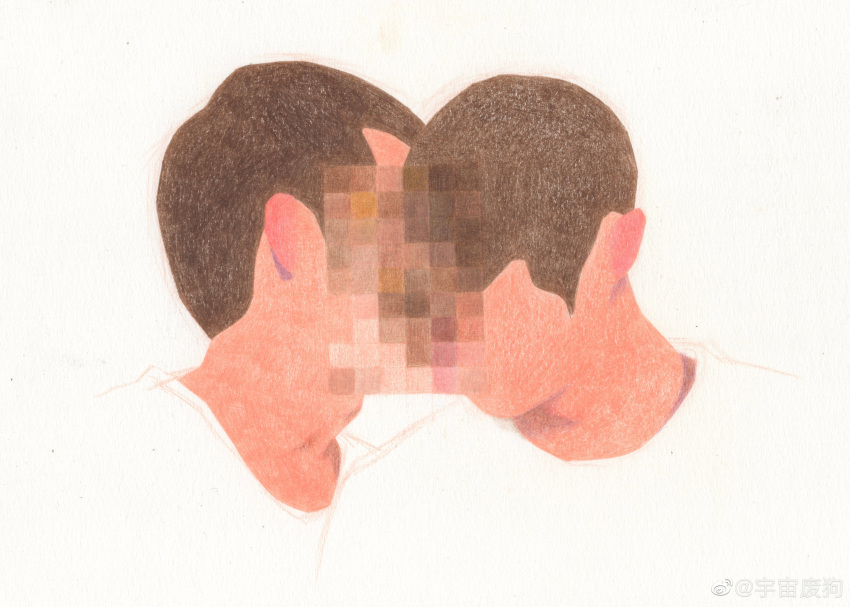 2boys abstract absurdres bara brown_hair buzz_cut censored couple faceless faceless_male heads_together highres long_sideburns male_focus mosaic_censoring multiple_boys original painterly shirt short_hair sideburns symbolism t-shirt upper_body very_short_hair whispering yaoi yuzhou_fei_gou