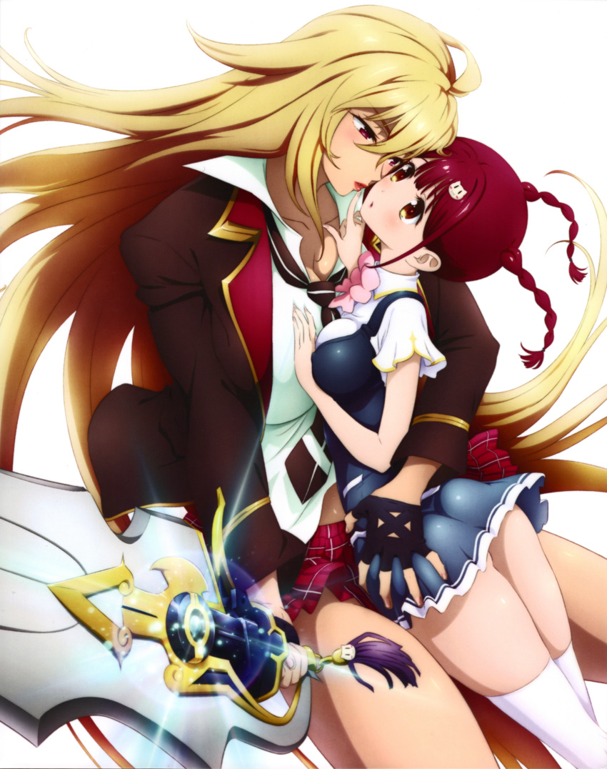 2girls absurdres blonde_hair blush breasts cat_hair_ornament cleavage couple full_body gloves gyaru hair_ornament highres holding holding_sword holding_weapon hug huge_breasts kaneko_hiraku large_breasts lipstick long_hair loose_necktie makeup multiple_girls necktie official_art parted_lips red_hair scan shikishima_mirei short_twintails simple_background skirt sword thighhighs tokonome_mamori twintails valkyrie_drive valkyrie_drive_-mermaid- weapon white_background wife_and_wife yuri