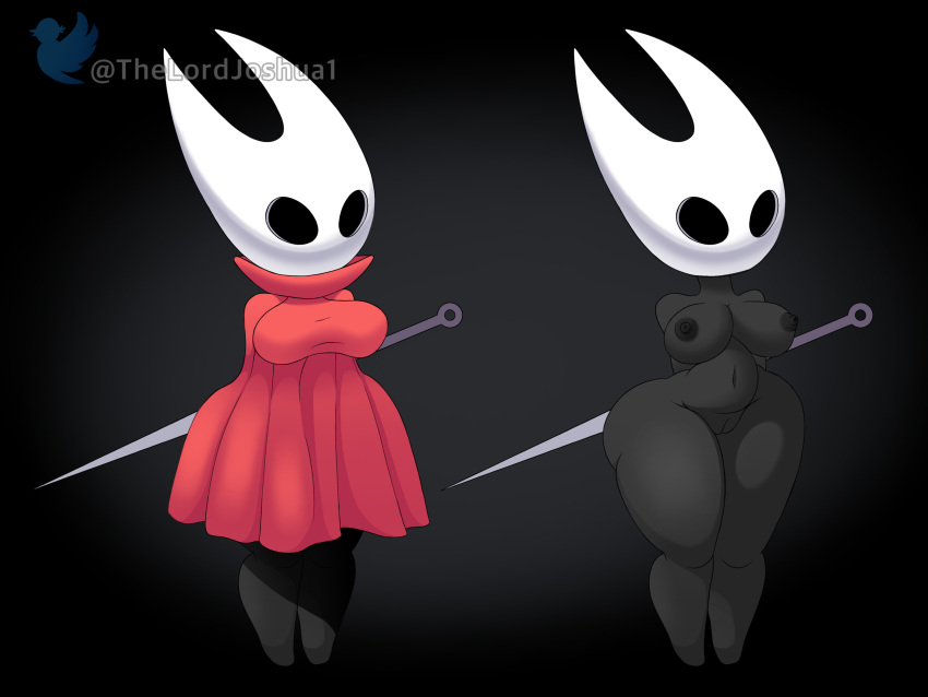 absurd_res anthro arachnid areola arthropod belly black_background black_nipples breasts clothed clothed/nude clothing curvy_female curvy_figure dark_body dress female female_focus genitals hands_behind_back hi_res hollow_knight hornet_(hollow_knight) mask melee_weapon navel nipples nude pussy red_clothing red_dress short_stack simple_background solo spider sword team_cherry thelordjoshua thick_thighs watermark weapon white_mask wide_hips