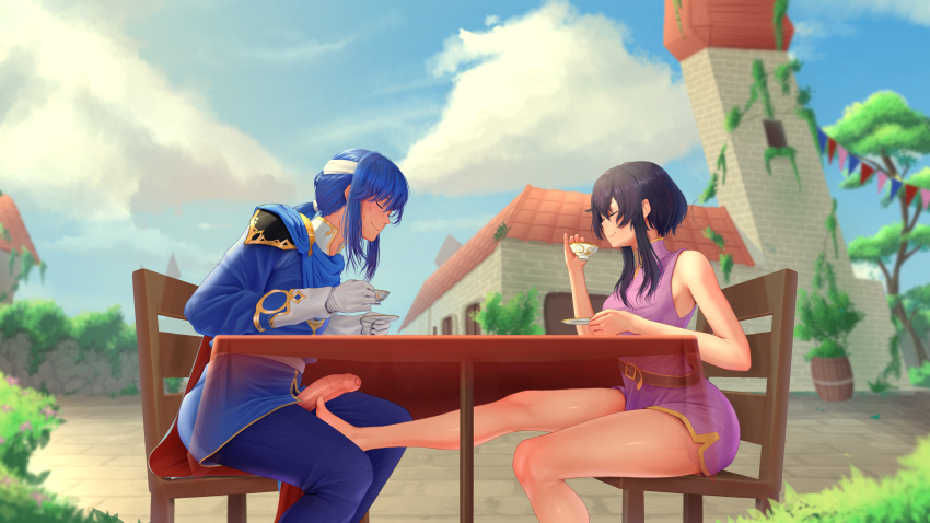 1boy 1girl absurdres assertive_female bad_source bare_legs barefoot black_hair blue_hair cape closed_eyes commission commissioner_upload cup dagudr daguyadraws drinking feet fire_emblem fire_emblem:_genealogy_of_the_holy_war fire_emblem_heroes footjob footjob_under_table gloves hetero highres holding holding_cup holding_saucer larcei_(fire_emblem) legs nervous nervous_smile nervous_sweating outdoors penis plate ponytail public_indecency saucer seliph_(fire_emblem) sex smile stealth_footjob stealth_sex sweat tea teacup tomboy x-ray