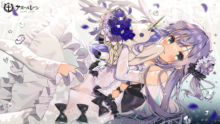 1girl azur_lane bare_shoulders black_ribbon blue_flower blush bouquet dress elbow_gloves flower gloves green_eyes hair_between_eyes hair_flower hair_ornament harunoibuki highres holding holding_bouquet horns long_hair looking_at_viewer official_art open_mouth pleated_dress purple_hair ribbon side_ponytail single_horn solo stuffed_unicorn thighhighs underwater unicorn_(azur_lane) white_dress white_gloves white_thighhighs