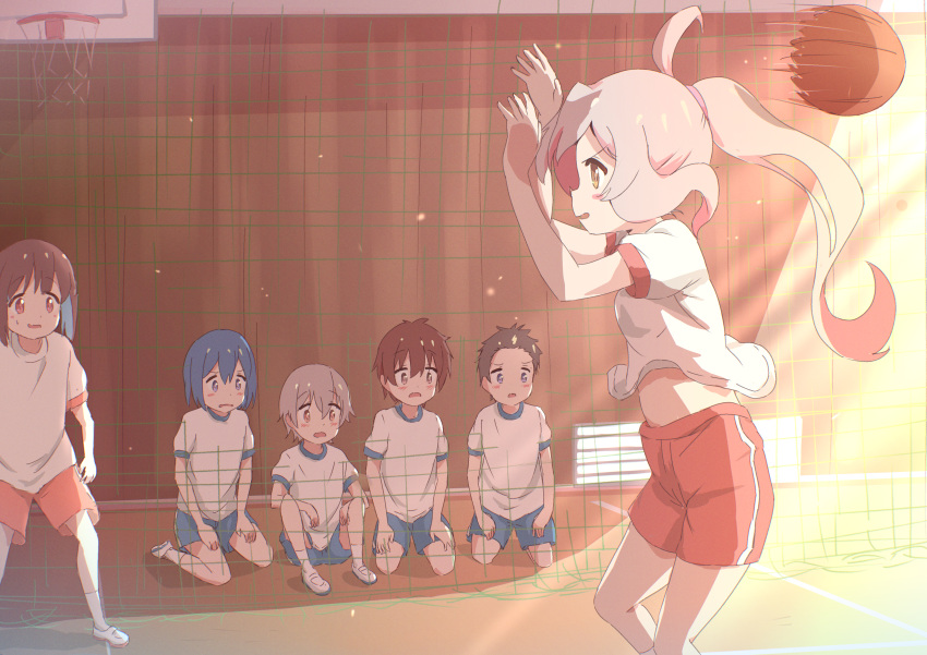 2girls 4boys absurdres ahoge arms_up bare_arms basketball black_hair blue_hair blue_shorts brown_eyes brown_hair commentary_request day extra from_side grey_hair gym gym_shirt gym_shorts gym_uniform highres hozuki_momiji indoors kaai_yuu kneeling long_hair looking_at_another multicolored_hair multiple_boys multiple_girls onii-chan_wa_oshimai! open_mouth oyama_mahiro pink_hair ponytail red_shorts sakurada_yuuta senkawa_minato shirt short_hair short_sleeves shorts two-tone_hair white_shirt