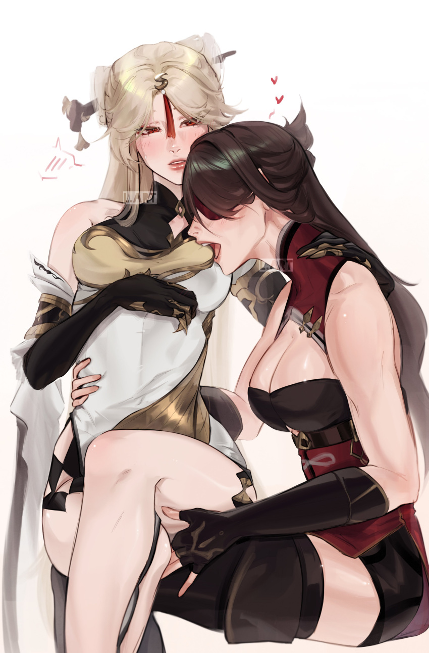 2girls absurdres artist_name bare_shoulders beidou_(genshin_impact) biting black_gloves blush boots breast_biting breasts brown_hair china_dress chinese_clothes claw_ring cleavage cleavage_cutout clothing_cutout colored_eyepatch commentary detached_sleeves dress elbow_gloves eyepatch fingerless_gloves genshin_impact gloves hair_ornament hair_stick hand_on_another's_shoulder hand_on_another's_waist heart highres large_breasts lart_art1 light_brown_hair long_hair multiple_girls ningguang_(genshin_impact) open_mouth parted_bangs parted_lips red_dress red_eyes side_slit simple_background sitting sitting_on_person spoken_blush tassel tassel_hair_ornament teeth thigh_boots tongue watermark white_background white_dress yuri