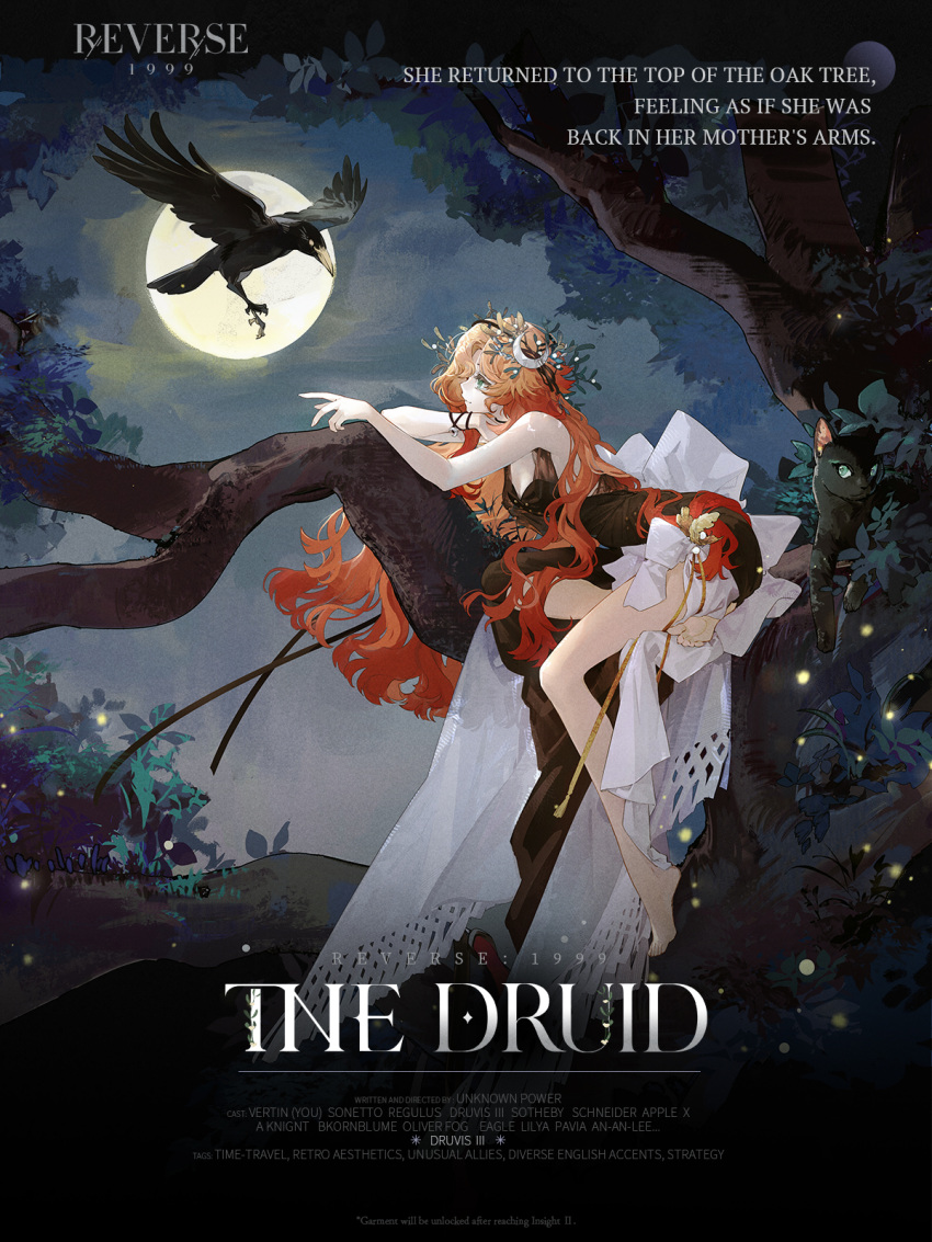 1girl bird black_cat brown_dress cat copyright_name crescent crescent_hair_ornament crow dress druvis_iii english_text fireflies flower full_moon hair_flower hair_ornament highres in_tree long_hair moon night night_sky official_alternate_costume official_art orange_hair reverse:1999 sitting sitting_in_tree sky solo tree