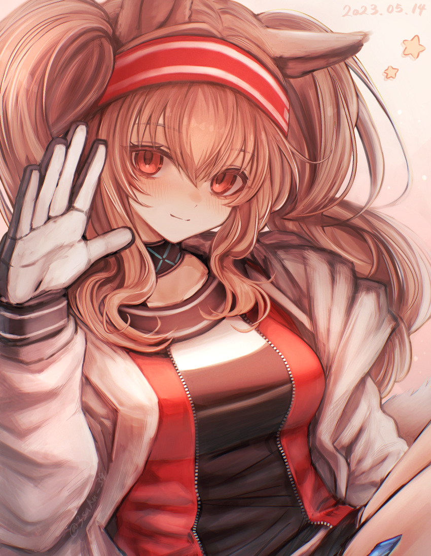 1girl 3_(sanyako1) absurdres angelina_(arknights) animal_ears arknights blush brown_background brown_hair closed_mouth collar fox_ears gradient_background hairband hand_up highres infection_monitor_(arknights) jacket long_hair long_sleeves looking_at_viewer open_clothes open_jacket oripathy_lesion_(arknights) red_eyes red_hairband red_jacket sidelocks sitting smile solo twintails unzipped white_jacket