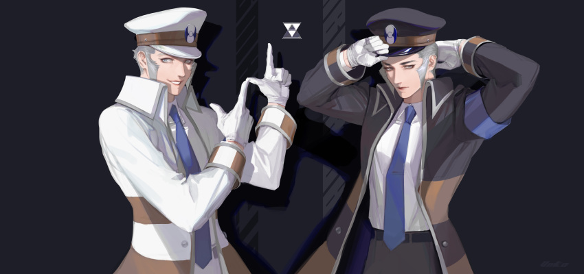 2boys absurdres adjusting_clothes adjusting_headwear arms_up artist_name black_background black_coat black_headwear black_pants brothers closed_mouth coat collared_coat collared_shirt commentary cowboy_shot double_finger_gun emmet_(pokemon) english_commentary finger_gun gloves grey_eyes grey_hair grin hands_up hat high_collar highres ingo_(pokemon) long_sleeves looking_at_viewer male_focus multiple_boys open_clothes open_coat open_mouth pants peaked_cap pokemon pokemon_(game) pokemon_bw shirt short_hair siblings sideburns smile striped_coat twins vexxxxa white_coat white_gloves white_headwear white_pants white_shirt