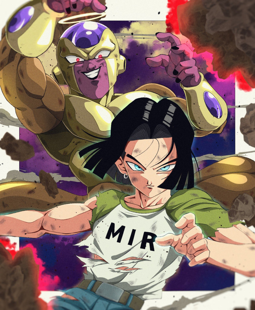 2boys android_17 arms_up belt biceps black_hair black_nails blue_eyes blue_pants border brown_belt bure_(fantasticyouth7) closed_mouth clothes_writing collarbone colored_skin commentary_request debris dragon_ball dragon_ball_super earrings fingernails floating_rock frieza glowing glowing_eyes gold_skin golden_frieza green_shirt grin halo hand_up highres jewelry looking_at_viewer male_focus multiple_boys muscular muscular_male outside_border pants parted_bangs purple_background purple_skin red_eyes rock scratches shirt shirt_tucked_in short_sleeves smile tail teeth torn_clothes torn_shirt upper_body white_border white_shirt