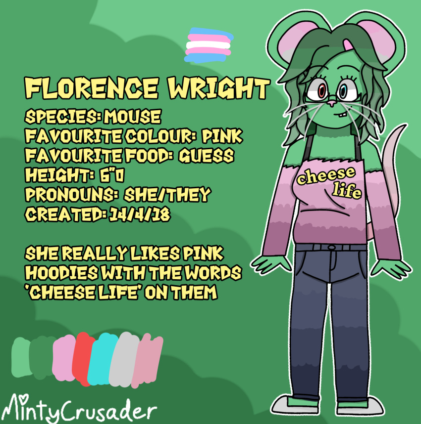 accessory alpha_channel anthro bottomwear clothing female female/female florence_(mintycrusader) fur green_body green_fur hair_accessory hairpin hi_res mammal mintycrusader model_sheet mouse murid murine rodent skirt solo trans_(lore) trans_woman_(lore) whiskers