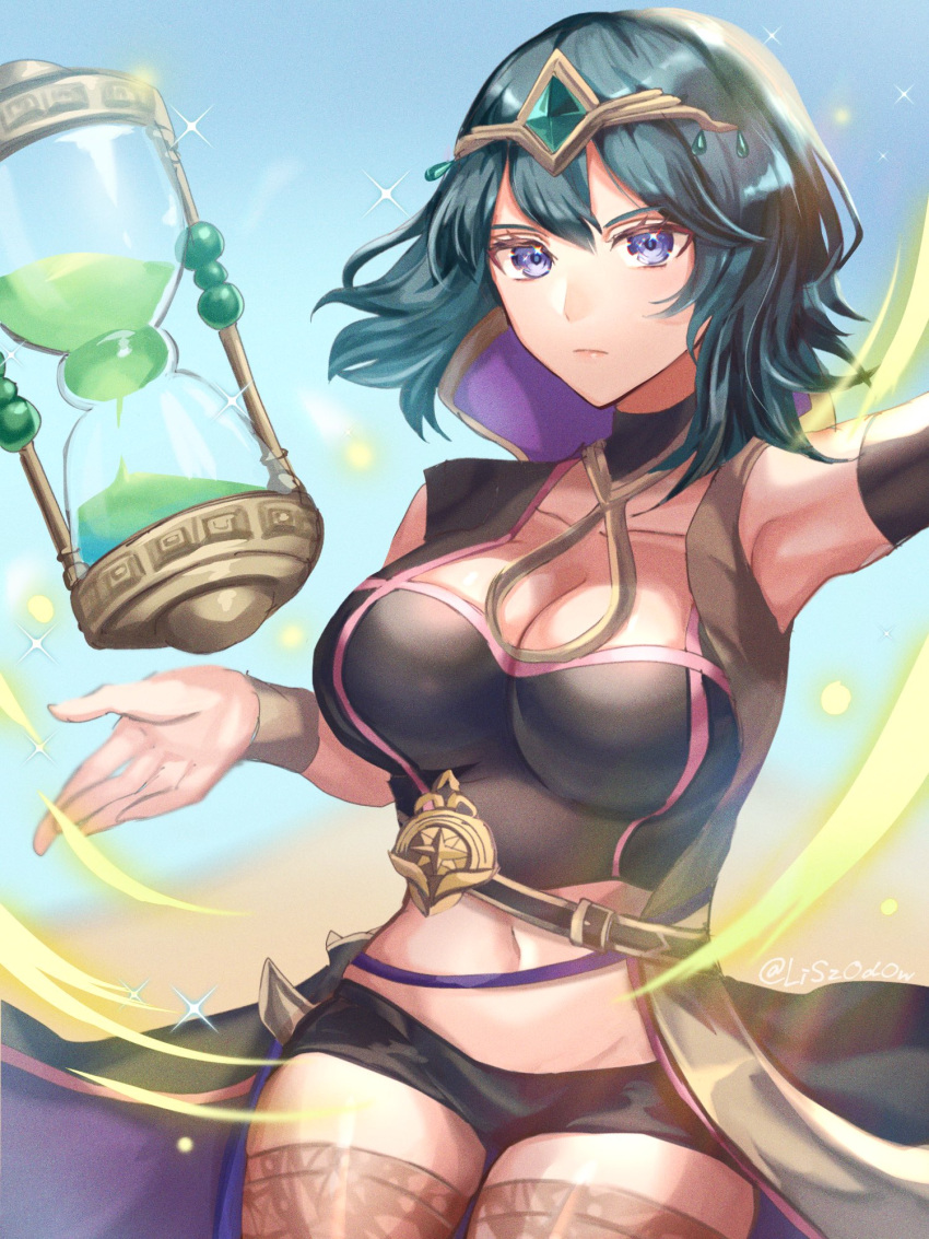 1girl alternate_costume armpit_peek belt blue_eyes blue_hair blue_sky bodice breasts bustier byleth_(female)_(fire_emblem) byleth_(fire_emblem) choker circlet cleavage closed_mouth clothing_cutout coat fire_emblem fire_emblem:_three_houses fire_emblem_heroes hair_between_eyes hair_ornament high_collar highres hip_bones hourglass large_breasts looking_at_viewer mature_female medium_hair navel navel_cutout outdoors pantyhose patterned_legwear print_pantyhose sand serious short_shorts shorts simple_background sky solo thighs youhei_choregi