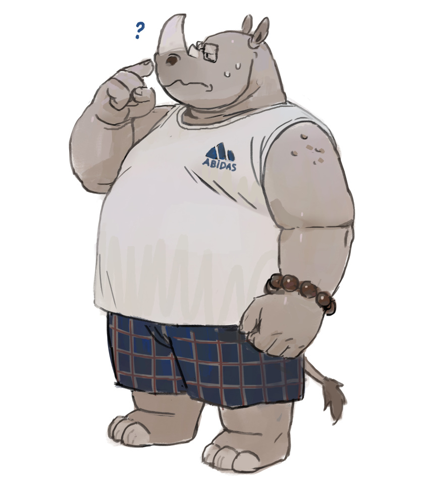 2023 absurd_res anthro bodily_fluids bottomwear clothing eyewear glasses hi_res huynhduyad14 kemono male mammal musclegut overweight overweight_male question_mark rhinoceros shirt shorts simple_background solo sweat topwear white_background