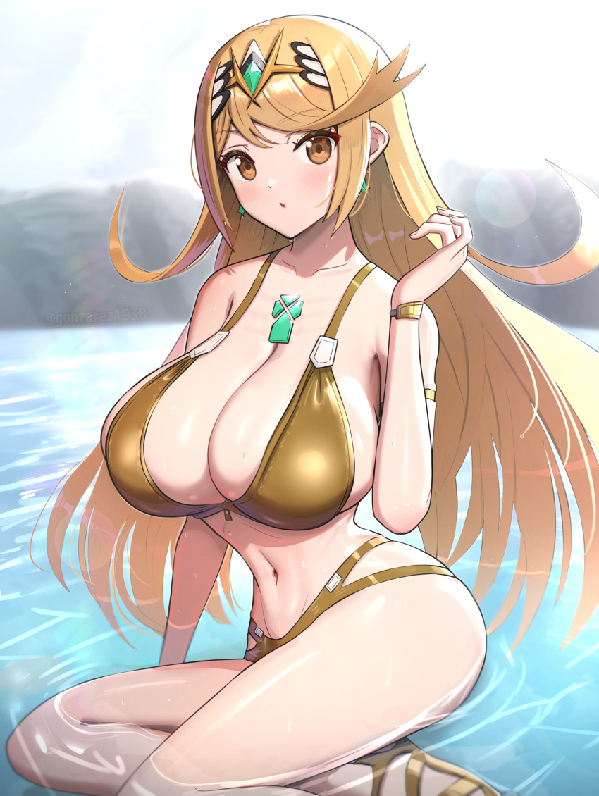 1girl absurdres alternate_costume bikini blonde_hair blurry blurry_background breasts chest_jewel cleavage gold_bikini gonzarez highres large_breasts long_hair midriff mythra_(xenoblade) navel solo swept_bangs swimsuit very_long_hair water xenoblade_chronicles_(series) xenoblade_chronicles_2 xenoblade_chronicles_x yellow_eyes