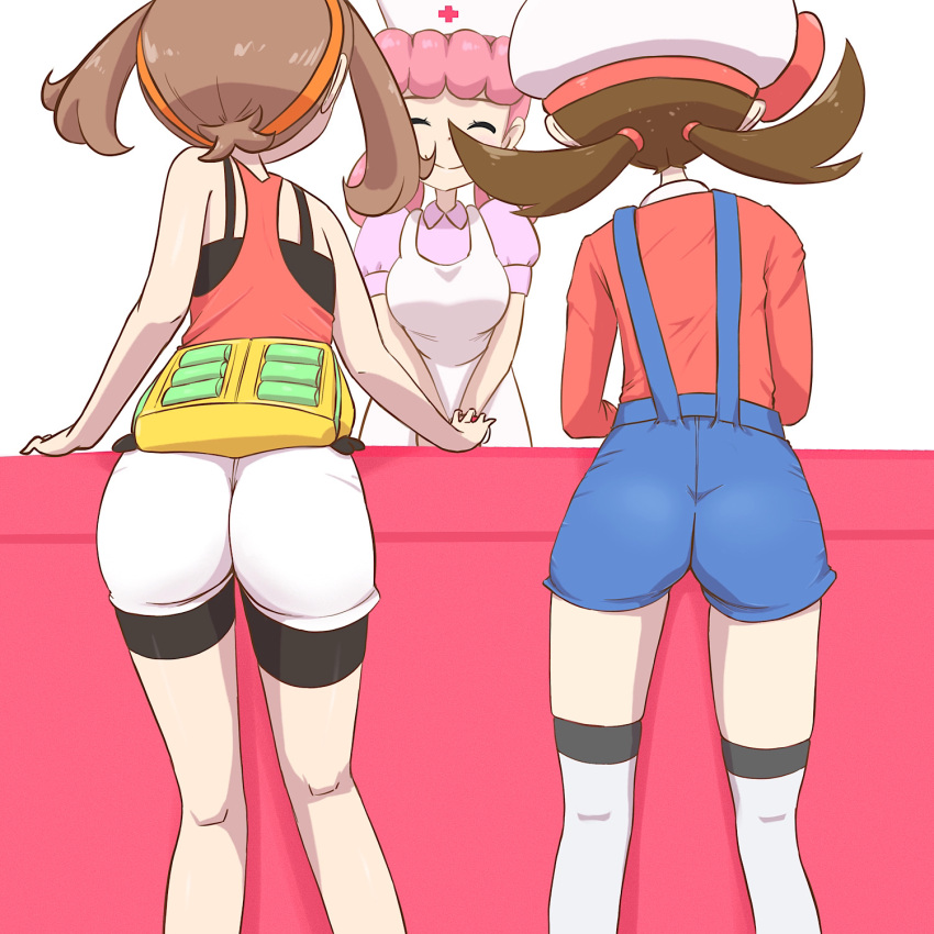 3girls ass brown_hair closed_mouth from_behind hairband hat highres joy_(pokemon) lyra_(pokemon) may_(pokemon) microsd_(pibo) multiple_girls nurse nurse_cap pink_hair pokemon pokemon_(game) pokemon_center pokemon_oras smile