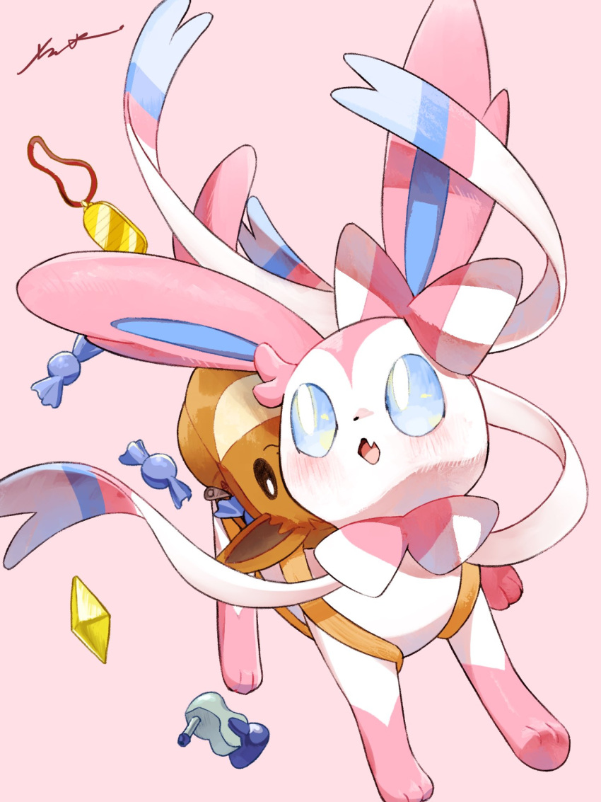 amulet_coin backpack bag blue_eyes blush bright_pupils brown_bag candy_wrapper character_print commentary_request eevee fang highres looking_up no_humans open_mouth pink_background pokemon pokemon_(creature) potion_(pokemon) signature skin_fang solo surumeika_(ninfiiiir) sylveon white_pupils