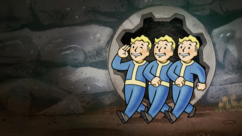 3boys blonde_hair clenched_hands dirt fallout_(series) grin highres multiple_boys official_art one_eye_closed salute short_hair smile stone_wall vault_boy vault_suit wall