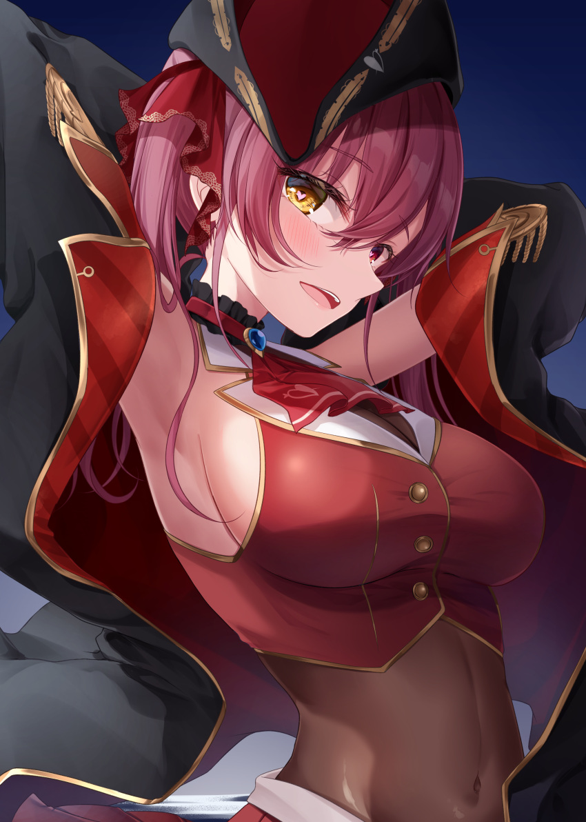1girl absurdres armpits arms_behind_head arms_up ascot black_choker black_coat black_headwear blush breasts choker coat covered_navel cropped_jacket frilled_choker frills hair_ribbon hat heart heart-shaped_pupils heterochromia highres hololive houshou_marine houshou_marine_(1st_costume) jacket large_breasts leotard leotard_under_clothes lllconfidential long_hair looking_at_viewer open_mouth pirate_hat red_ascot red_coat red_eyes red_jacket red_ribbon ribbon sleeveless sleeveless_jacket smile symbol-shaped_pupils twintails two-sided_coat virtual_youtuber yellow_eyes
