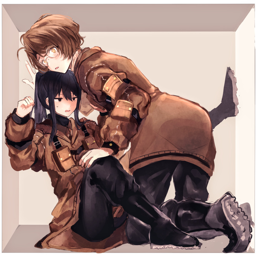 2boys absurdres arm_up black_eyes black_hair black_pants black_sweater boots brown_coat brown_hair cleats coat commentary_request emma_(library_of_ruina) glasses hand_on_another's_knee highres in_container kneeling library_of_ruina long_hair long_sleeves male_focus multiple_boys noah_(project_moon) open_mouth pants pocket ponytail project_moon ribbed_sweater round_eyewear short_hair sidelocks sweat sweater turtleneck turtleneck_sweater y_o_u_k_a yaoi yellow_eyes