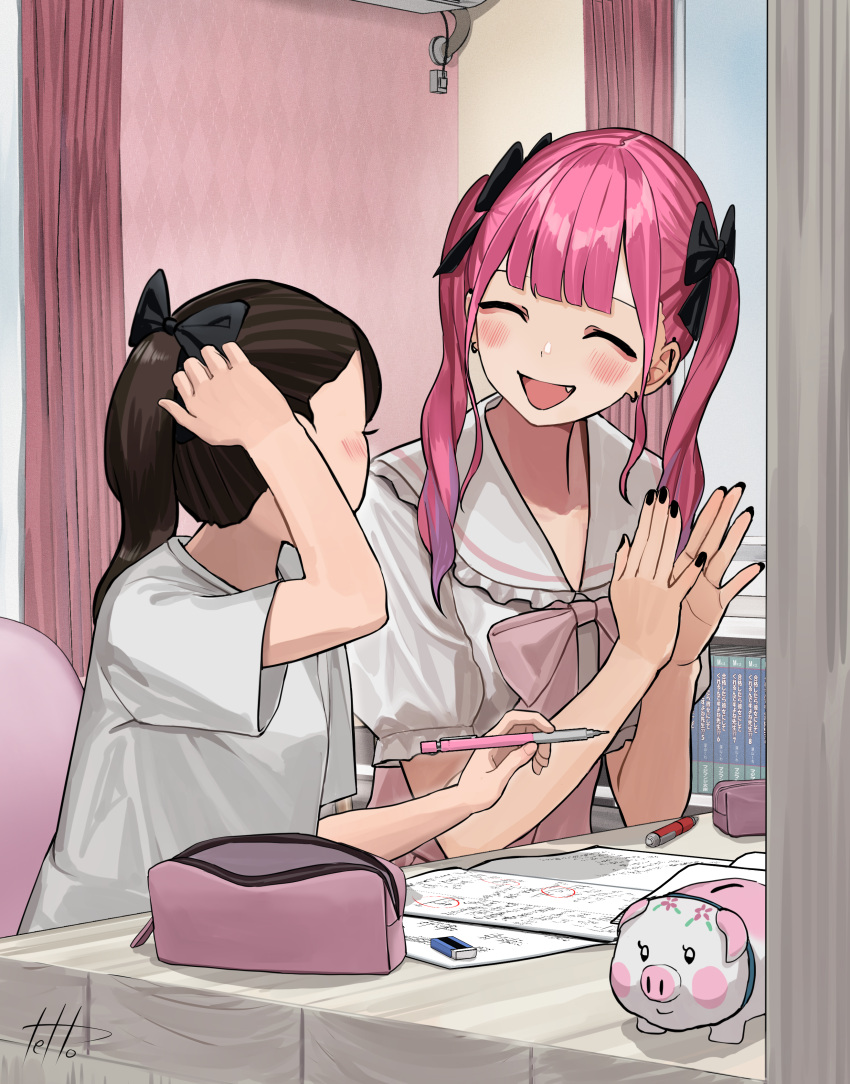 2girls :d absurdres black_bow black_nails blush bow brown_hair closed_eyes day eraser fang fingernails frilled_shirt frills hair_bow helping highres hinamizawa_hinami homework indoors jirai_kei mechanical_pencil multiple_girls original paper pencil piggy_bank pink_hair shirt short_sleeves smile t-shirt tetto_(onnoveltet) twintails white_shirt