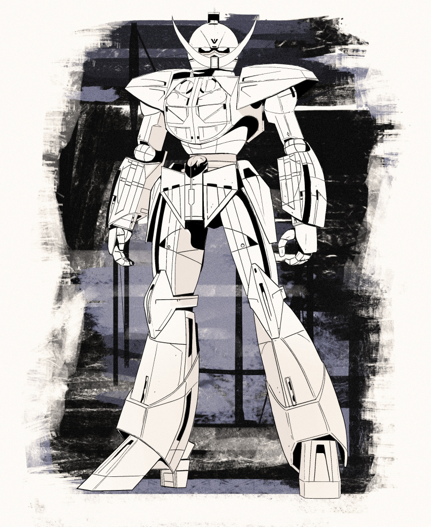 absurdres concept_art english_commentary facial_hair gundam highres ink_(medium) looking_at_viewer machinery marker_(medium) mecha mecha_focus mobile_suit monochrome mustache no_humans official_style robot science_fiction sketch syd_mead_(style) traditional_media turn_a_gundam turn_a_gundam_(mobile_suit) user_mmcm5273