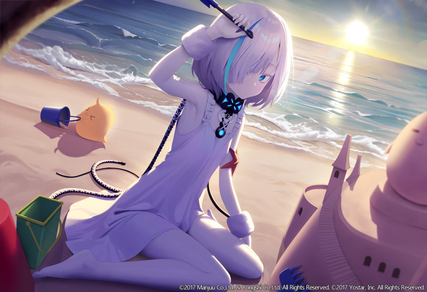 &gt;_&lt; 1girl arm_up armpits aya_(lezon) azur_lane beach bird blue_hair bob_cut bucket chick closed_mouth colored_skin dress flat_chest hair_over_one_eye highres looking_at_viewer manjuu_(azur_lane) multicolored_hair ocean official_art outdoors sand sand_castle sand_sculpture short_hair sitting sleeveless sleeveless_dress starfish streaked_hair sunset tb_(azur_lane) wariza water waves white_dress white_hair white_skin