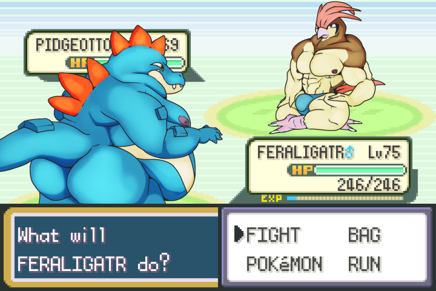 anthro avian_feet belly belly_overhang big_belly big_bulge big_butt big_pecs bulge butt clothing duo feraligatr gameplay_mechanics generation_1_pokemon generation_2_pokemon genital_outline huge_butt krowbutt male moobs muscular muscular_male nintendo nipples nude overweight overweight_male pecs penis_outline pidgeot pokemon pokemon_(species) text text_box thong underwear user_interface