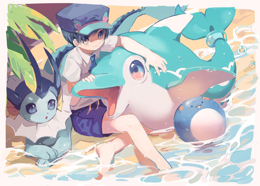 1boy ball bare_legs barefoot black_hair border closed_mouth collared_shirt commentary day finizen florian_(pokemon) hat hideko_(l33l3b) highres leaf male_focus marill necktie outdoors pokemon pokemon_(creature) pokemon_(game) pokemon_sv purple_shorts shirt short_hair shorts sitting smile symbol-only_commentary vaporeon water wet white_border white_shirt