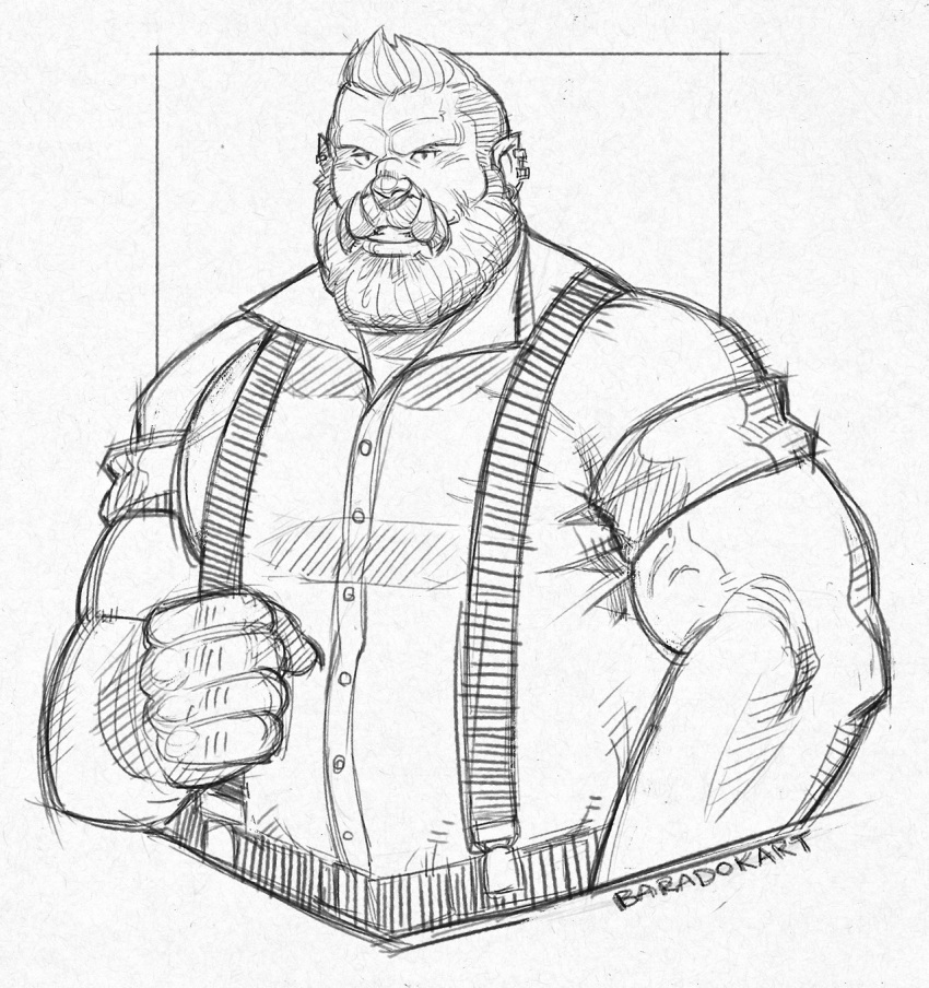 1boy bara beard belly collared_shirt commission cropped_torso facial_hair greyscale growlygruntz highres large_pectorals looking_at_viewer male_focus monochrome muscular muscular_male old old_man orc original pectorals plump shirt short_hair sketch solo suspenders tusks