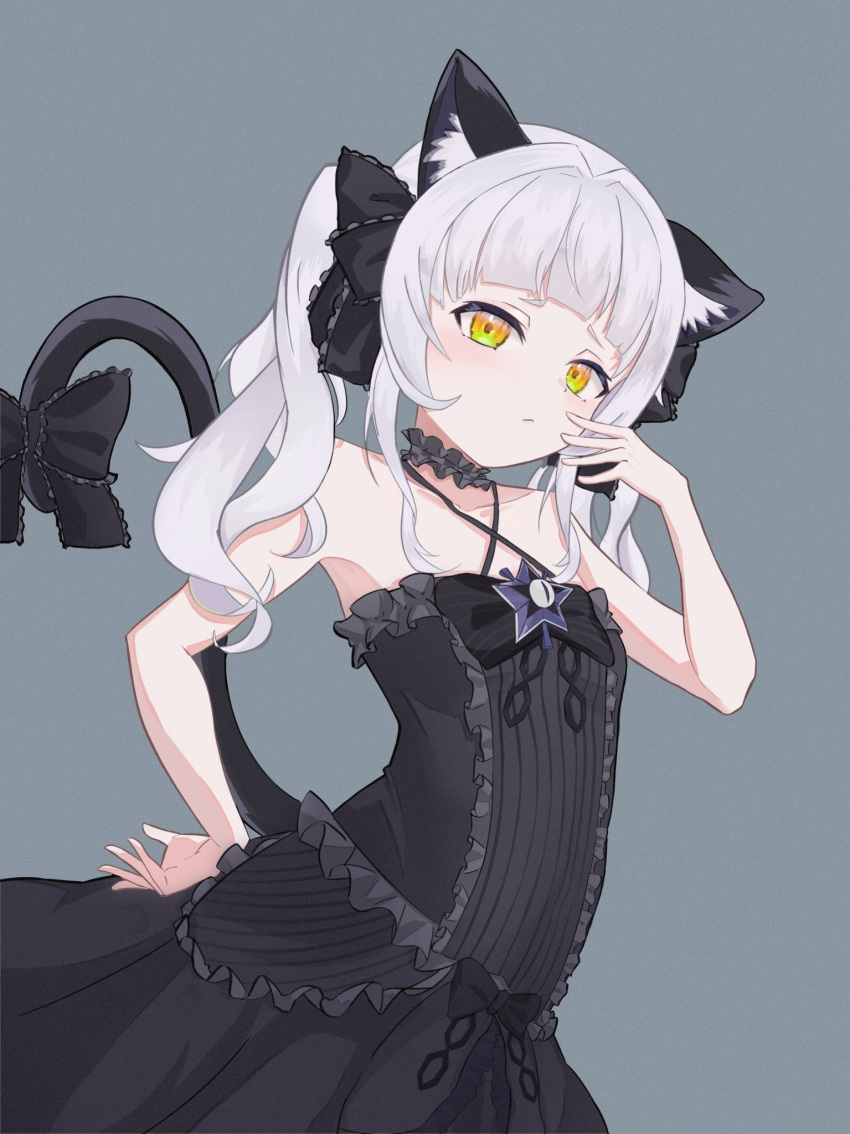 1girl animal_ear_fluff animal_ears arched_back bare_arms bare_shoulders black_bow black_choker black_dress blunt_bangs bow breasts cat_ears cat_girl cat_tail center_frills choker closed_mouth collarbone cowboy_shot criss-cross_halter dress dress_bow ear_down frilled_bow frilled_choker frilled_dress frills furrowed_brow grey_background hair_bow hair_intakes halterneck hand_on_own_hip hand_to_own_mouth hand_up highres hololive long_hair murasaki_shion quad_tails ryoya short_eyebrows sidelocks simple_background sleeveless sleeveless_dress small_breasts solo striped striped_dress tail tail_bow tail_ornament tail_raised vertical-striped_dress vertical_stripes virtual_youtuber wavy_hair white_hair yellow_eyes