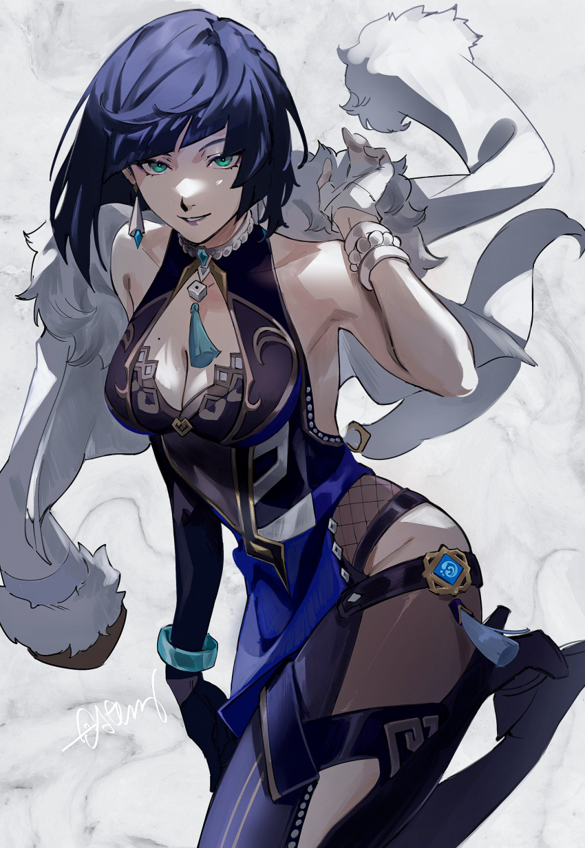 1girl absurdres bare_shoulders blue_dress blue_hair blunt_bangs bob_cut bracelet braid breasts cleavage cowboy_shot dice_necklace dice_pendant dress earrings fingerless_gloves floating_clothes genshin_impact gloves green_eyes half-closed_eyes high_heels highres jacket jacket_over_shoulder jacket_removed jewelry looking_at_viewer medium_breasts mole mole_on_breast parted_lips revision roru_(lol_dessin) short_hair single_sleeve smile solo vision_(genshin_impact) white_gloves white_jacket yelan_(genshin_impact)