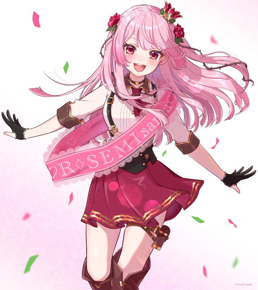 1girl ascot black_gloves boots brown_choker brown_footwear choker collared_shirt confetti crown flower gloves hair_flower hair_ornament highres long_hair mini_crown mugimugigo nijisanji open_mouth partially_fingerless_gloves pink_hair pink_sash red_ascot red_eyes red_flower red_skirt rosemi_lovelock sash shirt skirt smile solo suspenders teeth thigh_boots thigh_pouch thigh_strap twitter_username underbust upper_teeth_only virtual_youtuber white_shirt