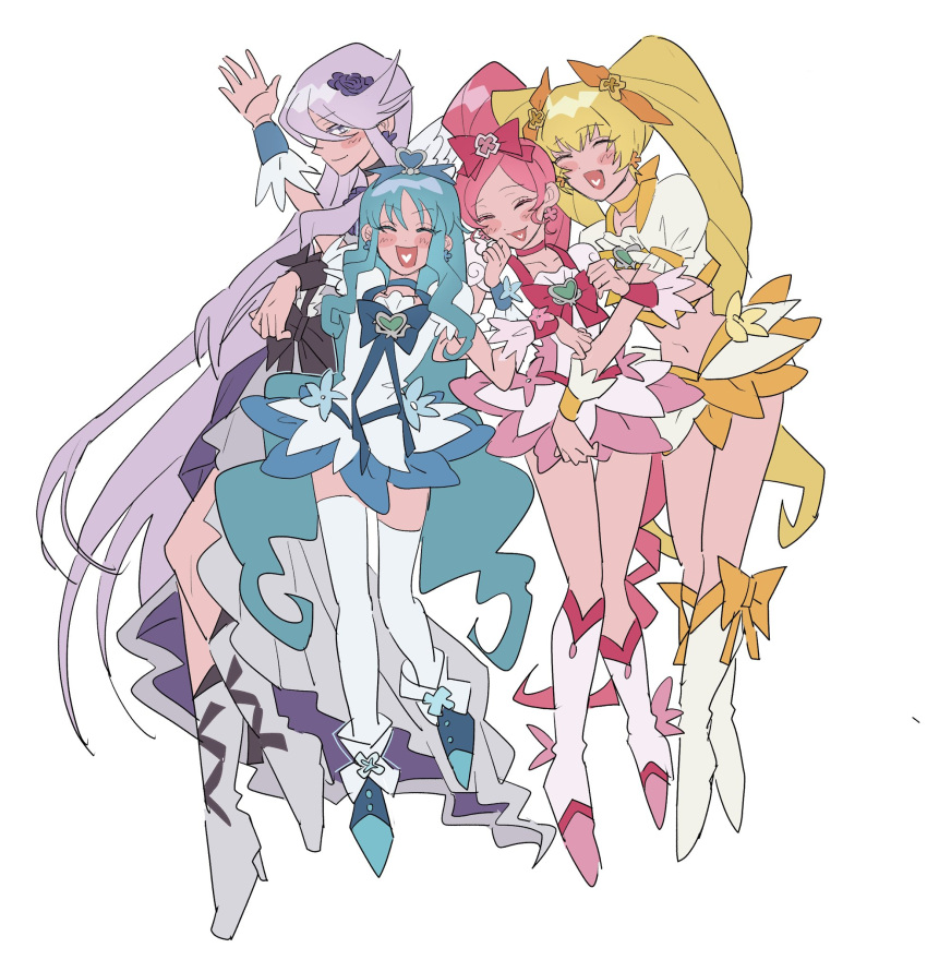 4girls blonde_hair blue_hair blush boots brooch choker closed_eyes closed_mouth commentary_request cure_blossom cure_marine cure_moonlight cure_sunshine dress earrings flower frilled_skirt frills hair_flower hair_ornament hair_ribbon heart heart_brooch heart_in_mouth heartcatch_precure! highres jewelry light_smile long_hair midriff multiple_girls navel open_mouth pink_hair precure purple_hair ribbon ribbon_choker simple_background skirt smile thighhighs twintails very_long_hair w6kyh wrist_ribbon