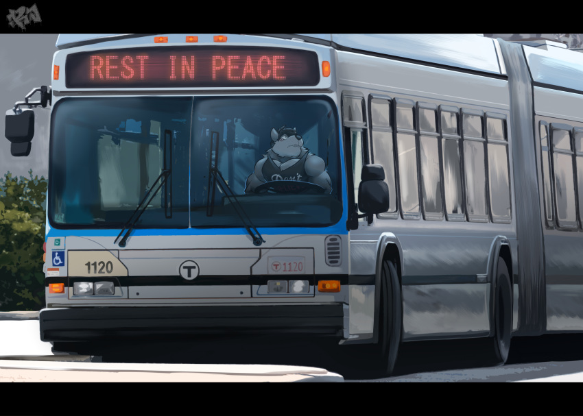 absurd_res anthro articulated_bus bus canid canine canis clothing commercial_vehicle detailed_background grey_body hi_res jake_(jakewolf00) male mammal mbta public_transportation resondog sad shirt solo tank_top topwear vehicle vehicle_for_hire wolf