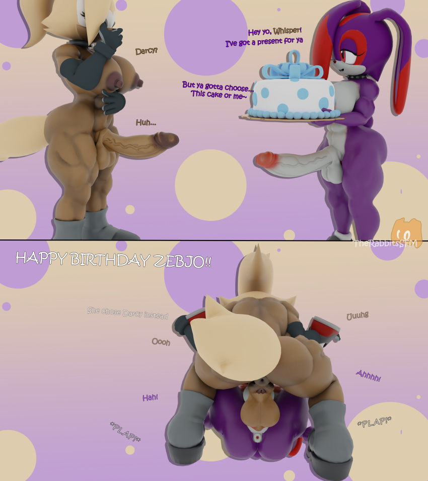 3d_(artwork) absurd_res anthro balls big_breasts big_butt birthday birthday_cake blender_(software) blender_cycles breasts brown_body brown_fur butt cake canid canine canis comic cream_the_rabbit darcy_the_rabbit_(therabbitsnsfw) demon_rabbit dessert dialogue digital_media_(artwork) duo english_text erection fan_character food from_front_position fur genitals gynomorph gynomorph/gynomorph gynomorph_penetrated gynomorph_penetrating gynomorph_penetrating_gynomorph gynomorph_penetrating_intersex hi_res huge_thighs idw_publishing intersex intersex/intersex intersex_penetrated intersex_penetrating intersex_penetrating_gynomorph intersex_penetrating_intersex lagomorph leporid mammal mating_press muscular muscular_gynomorph muscular_intersex nipples nude penetration penis purple_body purple_fur pussy rabbit red_body red_eyes red_fur sega sex simple_background smile sonic_the_hedgehog_(comics) sonic_the_hedgehog_(idw) sonic_the_hedgehog_(series) tan_body tan_fur text therabbitsnsfw thick_thighs whisper_the_wolf widescreen wolf