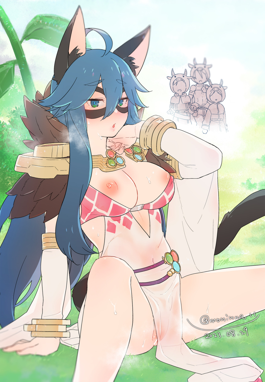 1girl 3boys acolyte_(ragnarok_online) ahoge animal_ears argyle argyle_dress blue_eyes blue_hair blush breasts bush cat_ears cat_girl cat_tail commentary_request commission covered_navel dated detached_sleeves dress eye_mask feet_out_of_frame fur_collar goinkyo hair_between_eyes highres long_bangs long_hair looking_at_viewer mechanic_(ragnarok_online) medium_breasts moni multiple_boys nipple_slip nipples no_panties open_mouth outdoors pelvic_curtain pixiv_commission pussy pussy_peek ragnarok_online see-through see-through_dress signature sitting sleeveless sleeveless_dress solo_focus sorcerer_(ragnarok_online) steaming_body swordsman_(ragnarok_online) tail white_sleeves