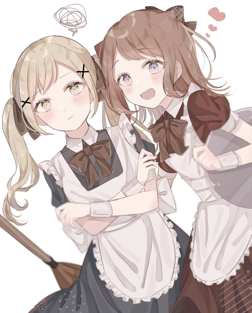 2girls :d apron bang_dream! bow bowtie broom brown_bow brown_bowtie brown_dress brown_eyes brown_hair closed_mouth collared_dress commentary_request dress frilled_apron frills hair_bow hair_ornament heart highres holding holding_tray ichigaya_arisa light_brown_hair light_frown long_hair looking_at_viewer maid maid_apron medium_hair multiple_girls open_mouth plaid plaid_bow puffy_short_sleeves puffy_sleeves shain short_sleeves simple_background smile squiggle swept_bangs tareme teeth toyama_kasumi tray twintails two-tone_dress upper_body upper_teeth_only white_apron white_background wrist_cuffs x_hair_ornament