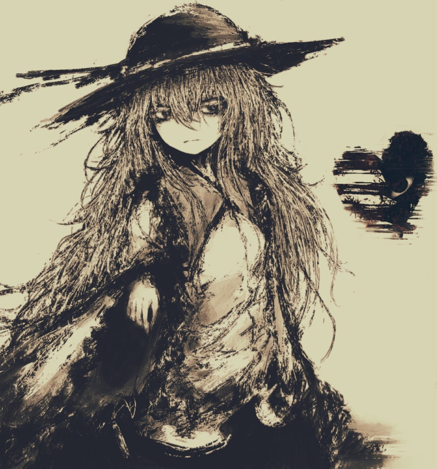1girl black_headwear blouse bow closed_mouth eyeball frilled_shirt_collar frilled_sleeves frills green_theme hand_up hat hat_bow hat_ribbon komeiji_koishi light_frown long_hair long_sleeves looking_to_the_side messy_hair monochrome reverinth ribbon shirt simple_background skirt solo third_eye touhou wide_sleeves