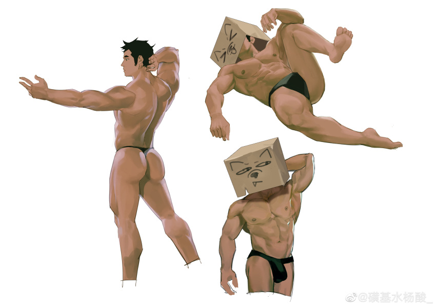 &gt;_&lt; 1boy abs absurdres arms_behind_head ass bara biceps black_male_underwear box box_on_head briefs bulge cardboard_box collage cropped_legs drawing fang fang_out from_behind frown highres huang_ji_shui_yang_suan large_pectorals long_sideburns male_focus male_underwear muscular muscular_male navel nipples original pectorals short_hair sideburns snout spread_legs stomach thighs topless_male underwear underwear_only