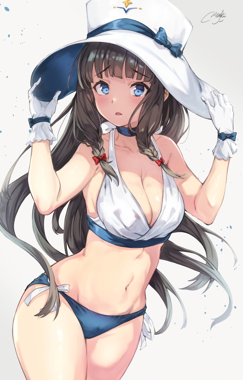 1girl arms_up bare_shoulders bikini blue_bow blue_choker blue_eyes blunt_bangs blush bow braid breasts brown_hair character_request choker cleavage collarbone copyright_request cowboy_shot gloves grey_background groin hands_on_headwear hat hat_bow highres long_hair looking_at_viewer maki_(maki_pei) medium_breasts navel open_mouth sidelocks signature solo standing stomach swimsuit thighs very_long_hair white_gloves white_headwear